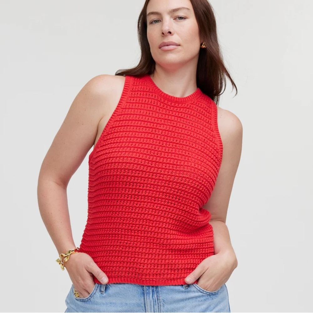 Madewell Crochet-Knit Crewneck Sweater Tank in Crushed Watermelon Red - Picture 1 of 8